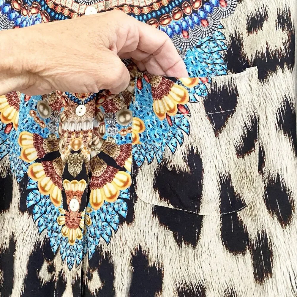 Moda Baronessa Button Up Blouse Multicolor Animal Print 100% Silk Small Tunic - Picture 6 of 10